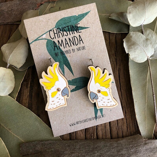 Sulphur-crested cockatoo earrings by Christine Amanada